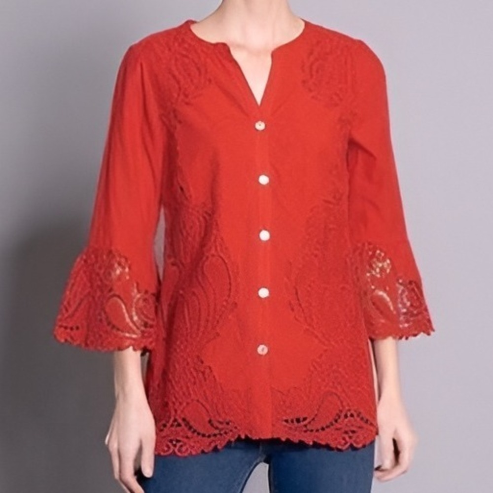 JOHN MARK Red Embroidered Linen Lace Bell Sleeve V Neck Button Up Blouse Top L